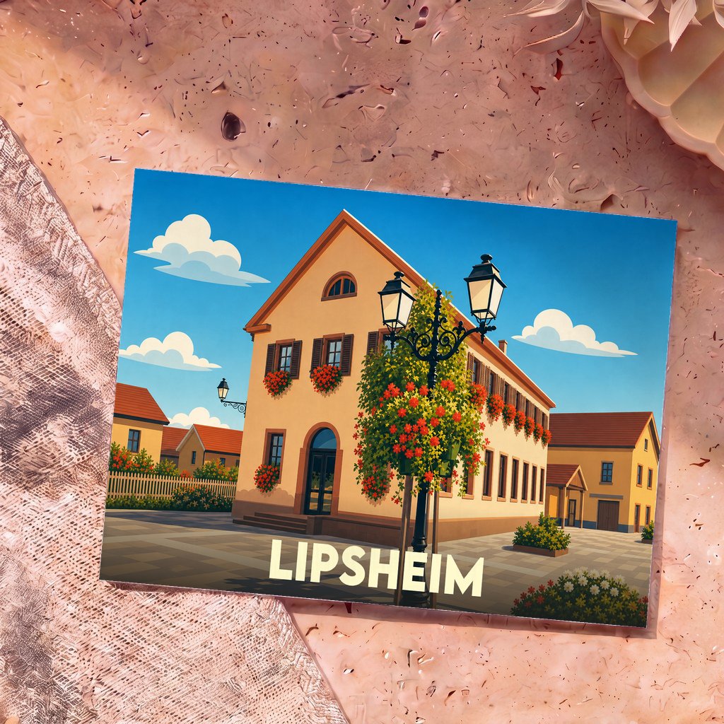 Carte postale souvenir de la ville de Lipsheim avec une illustration colorée et stylisée de son architecture.