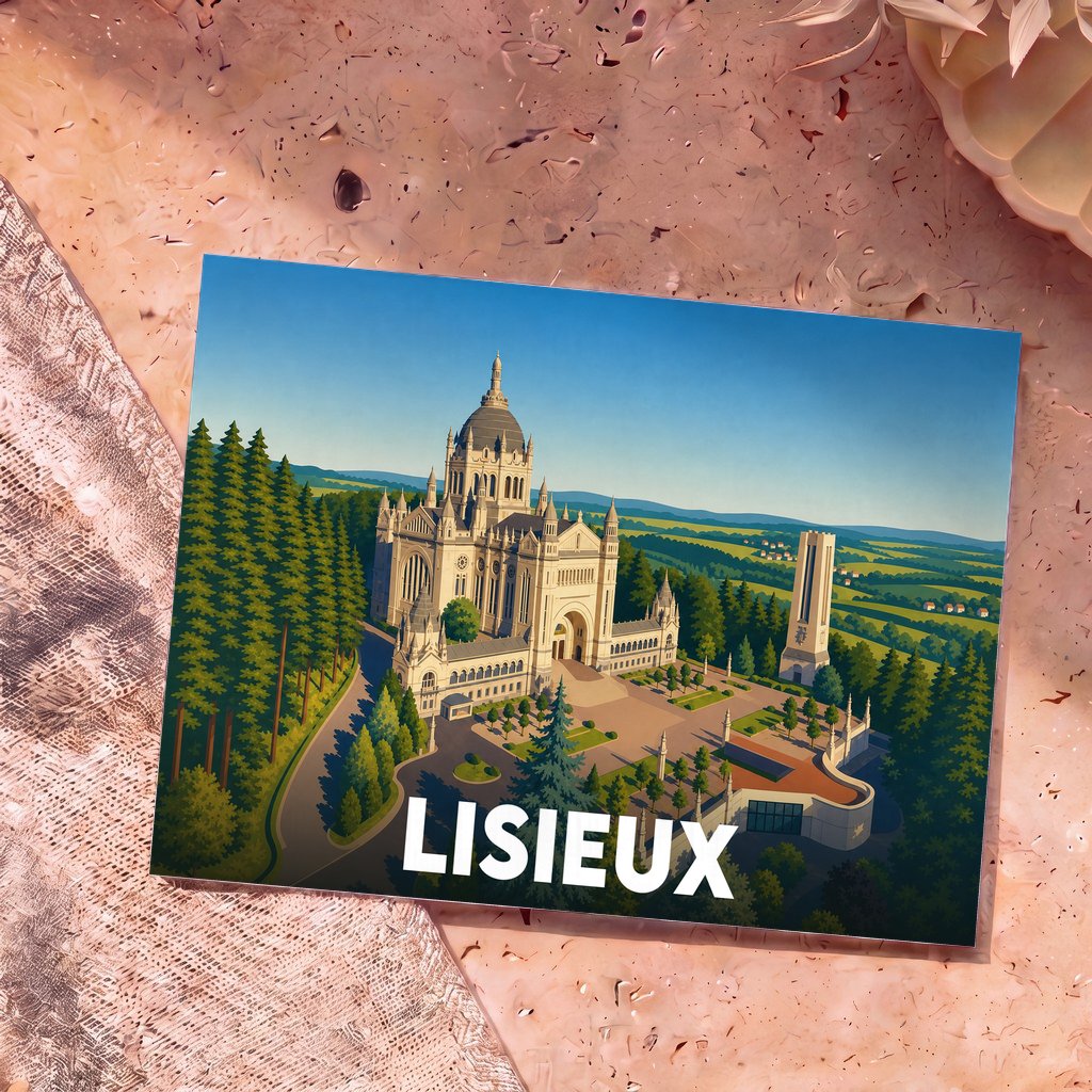 Carte postale souvenir de la ville de Lisieux avec une illustration stylisée de sa basilique.