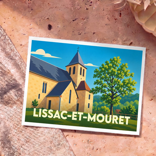 Carte postale souvenir de la commune de Lissac-et-Mouret avec une illustration stylisée de son église et de son paysage.
