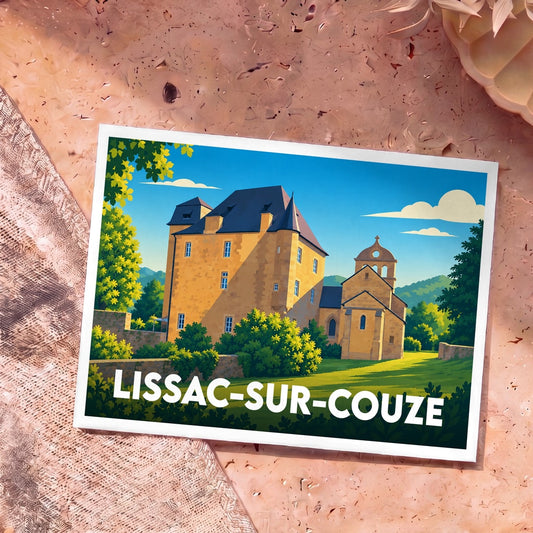 Carte postale souvenir de Lissac-sur-Couze avec une illustration stylisée du château et de l'église.