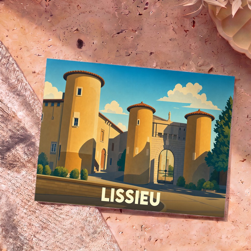 Carte postale souvenir de la ville de Lissieu avec une illustration stylisée de son château et de ses tours.