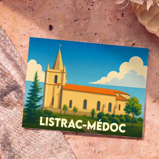Carte postale souvenir de la ville de Listrac-Médoc avec une illustration stylisée de son église sous un ciel bleu.