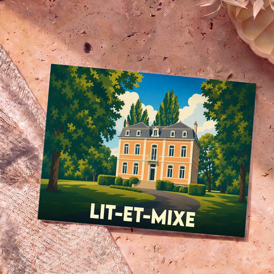 Carte postale souvenir de la ville de Lit-et-Mixe représentant une grande demeure bourgeoise entourée de verdure.