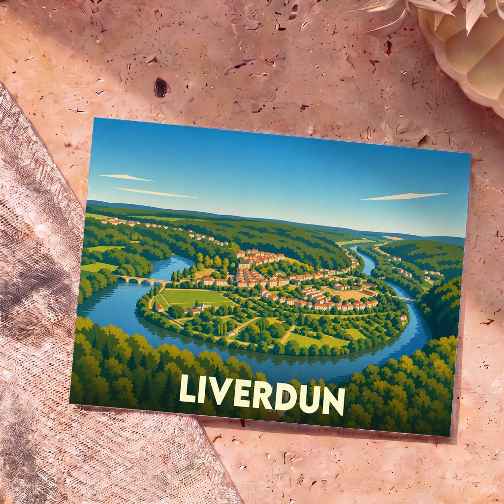 Carte postale souvenir de la ville de Liverdun avec une illustration stylisée d'un méandre de la Moselle.