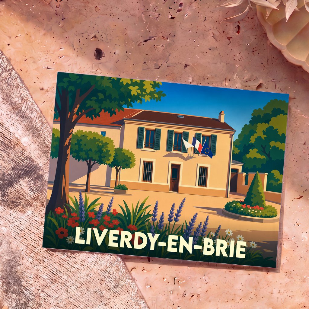 Carte postale souvenir de la ville de Liverdy-en-Brie avec une illustration stylisée de la mairie.