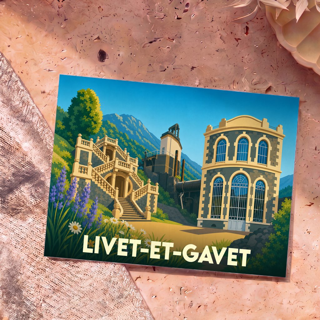 Carte postale souvenir de la commune de Livet-et-Gavet avec une illustration stylisée de son patrimoine architectural et industriel.