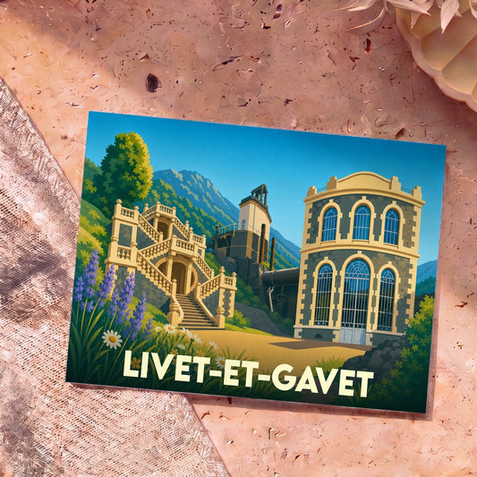 Carte postale souvenir de la commune de Livet-et-Gavet avec une illustration stylisée de son patrimoine architectural et industriel.