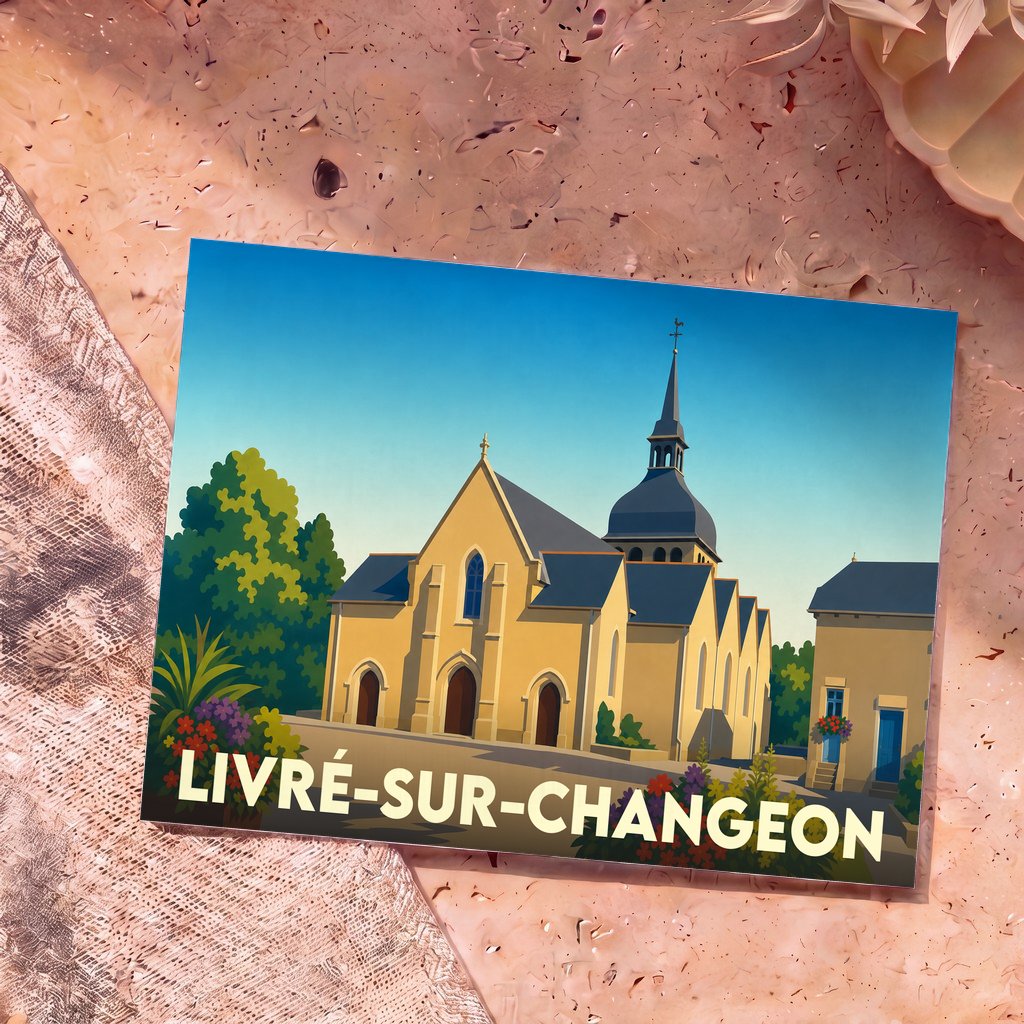 Carte postale souvenir de la ville de Livré-sur-Changeon avec une illustration stylisée de son église.