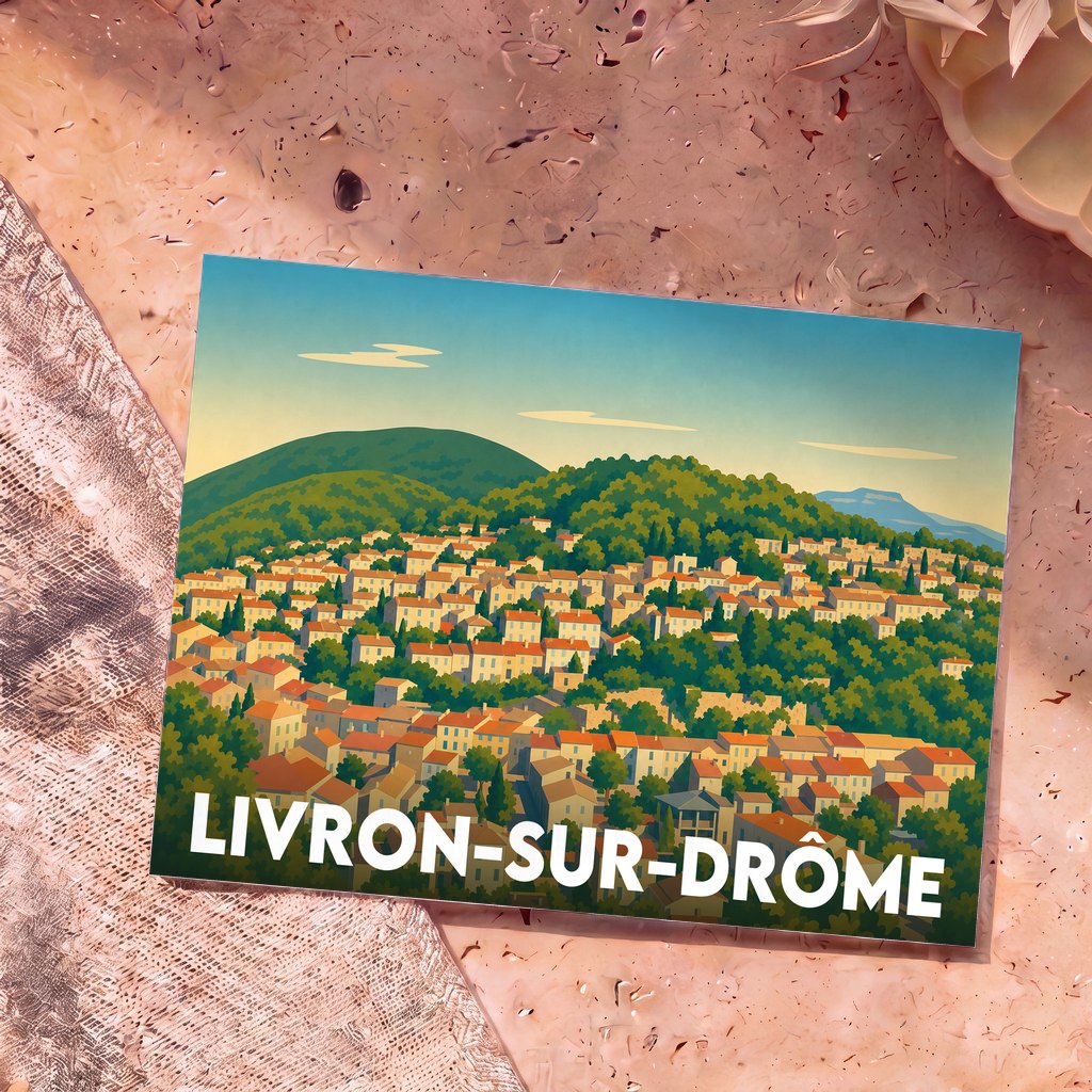 Carte postale souvenir de la ville de Livron-sur-Drôme avec une illustration stylisée d'un village perché.