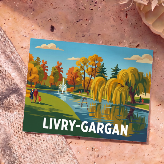 Carte postale souvenir de la ville de Livry-Gargan illustrant un parc arboré avec un plan d'eau.