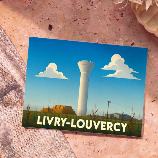 Carte postale souvenir de la ville de Livry-Louvercy avec une illustration stylisée d'un château d'eau dans un paysage rural.