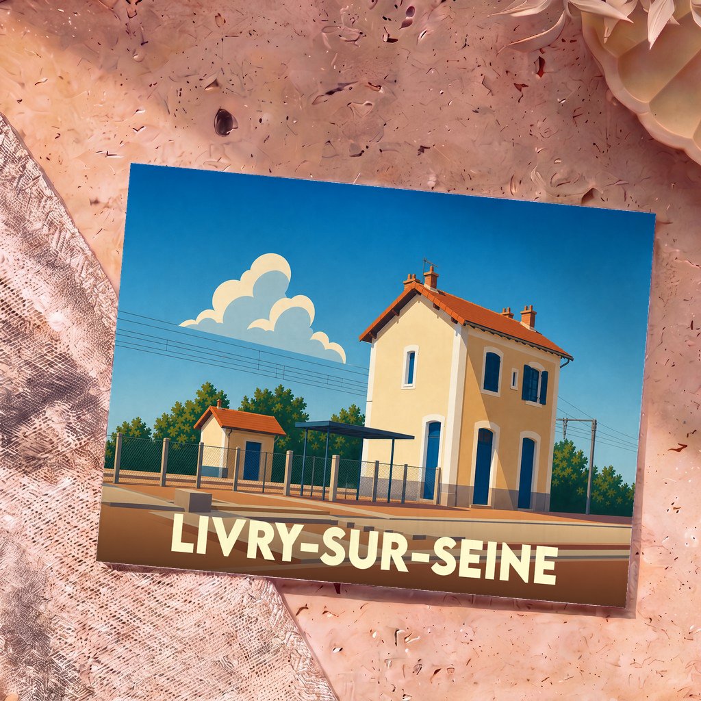 Carte postale souvenir de la ville de Livry-sur-Seine avec une illustration stylisée de sa gare.