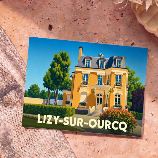 Carte postale souvenir de la ville de Lizy-sur-Ourcq illustrant une grande demeure bourgeoise colorée dans un style graphique épuré.
