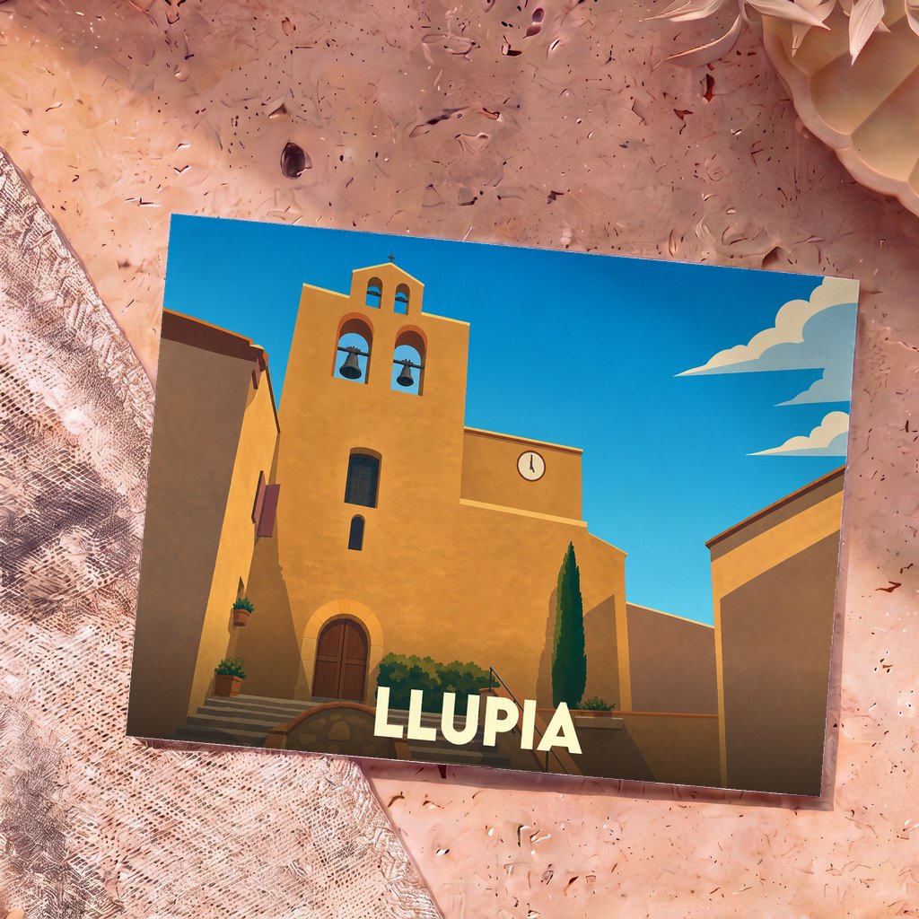 Carte postale souvenir de la ville de Llupia illustrant son église sous un ciel bleu azur.