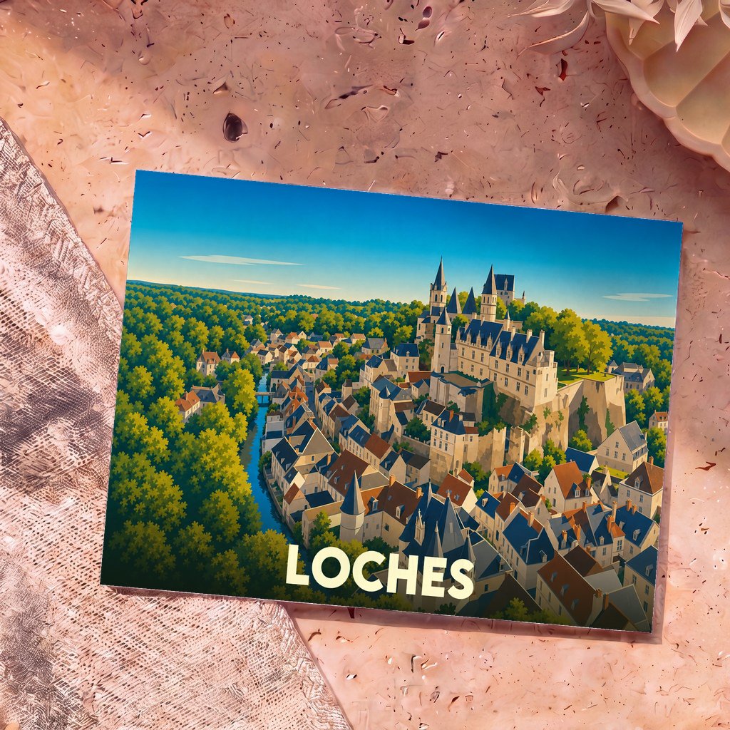 Carte postale souvenir de la ville de Loches avec une illustration stylisée de sa cité royale au milieu d'une forêt.