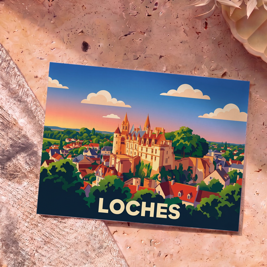 Carte postale souvenir de la ville de Loches avec une illustration stylisée de son château et de ses toits au coucher du soleil.