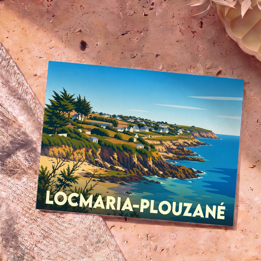 Carte postale souvenir de la ville de Locmaria-Plouzané avec une illustration stylisée de son littoral escarpé.