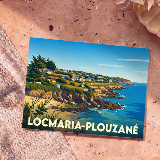 Carte postale souvenir de la ville de Locmaria-Plouzané avec une illustration stylisée de son littoral escarpé.