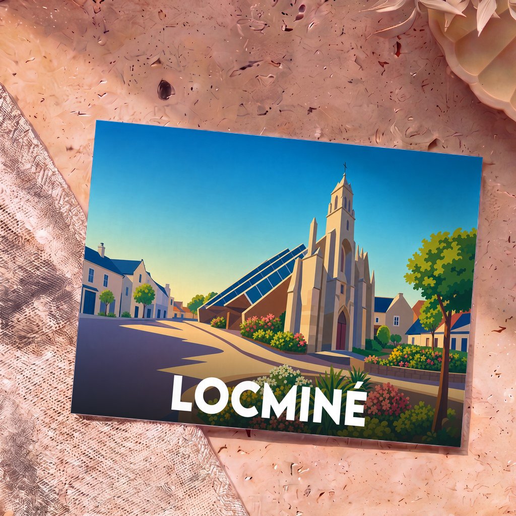 Carte postale souvenir de la ville de Locminé avec une illustration stylisée de son église emblématique.