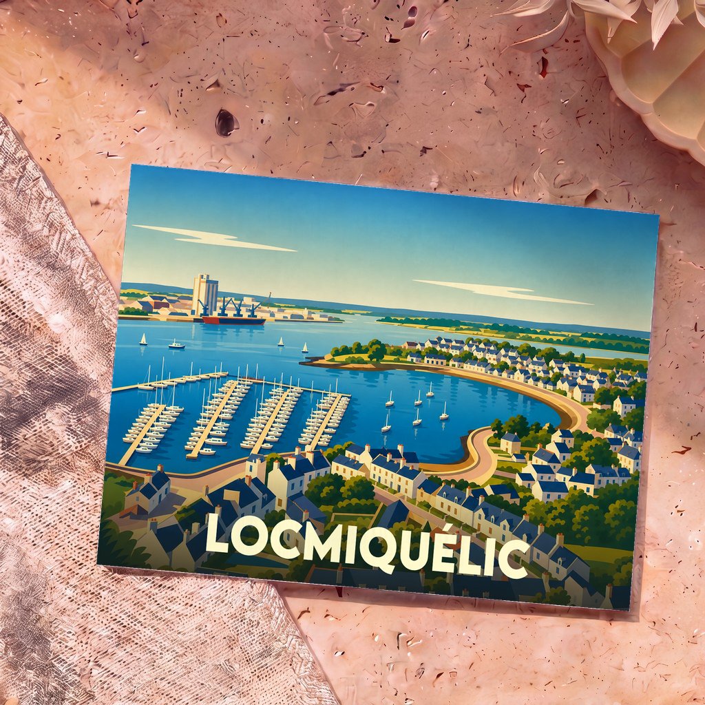 Carte postale souvenir de la ville de Locmiquélic avec une illustration stylisée de son port et de ses côtes.