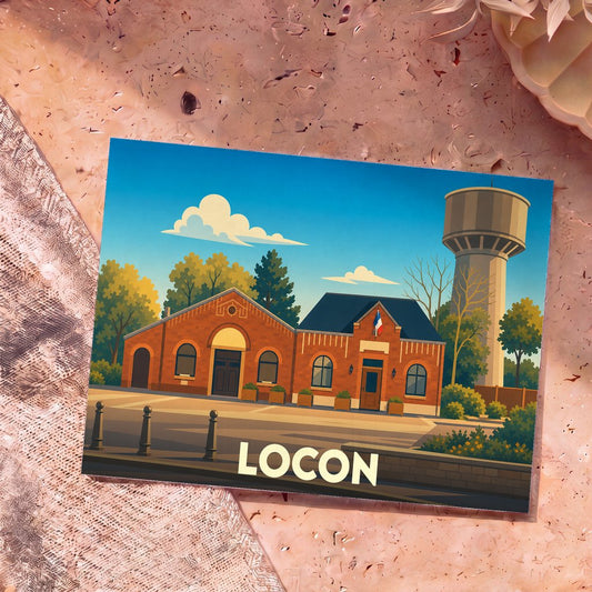 Carte postale souvenir de la ville de Locon avec une illustration stylisée de sa mairie et de son château d'eau.