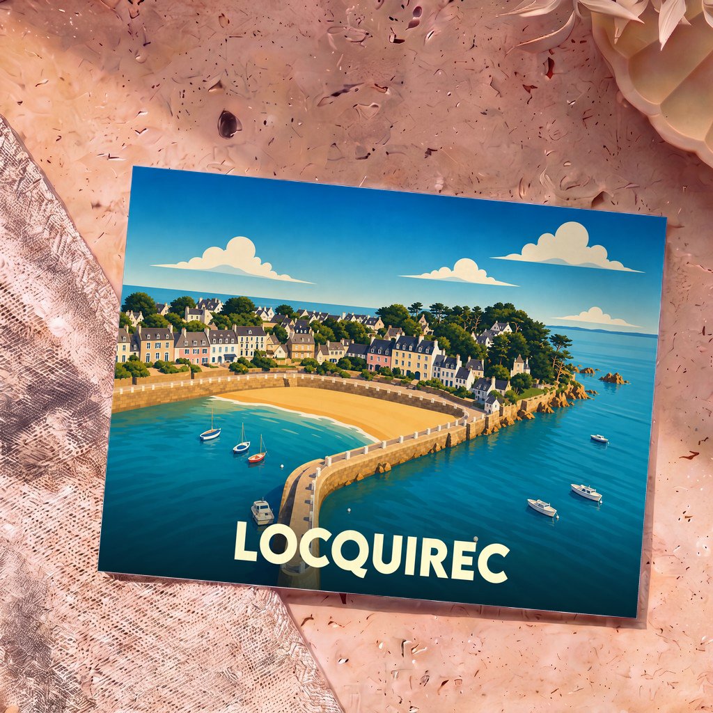 Carte postale souvenir de la ville de Locquirec illustrant son port et ses maisons côtières dans un style graphique épuré.