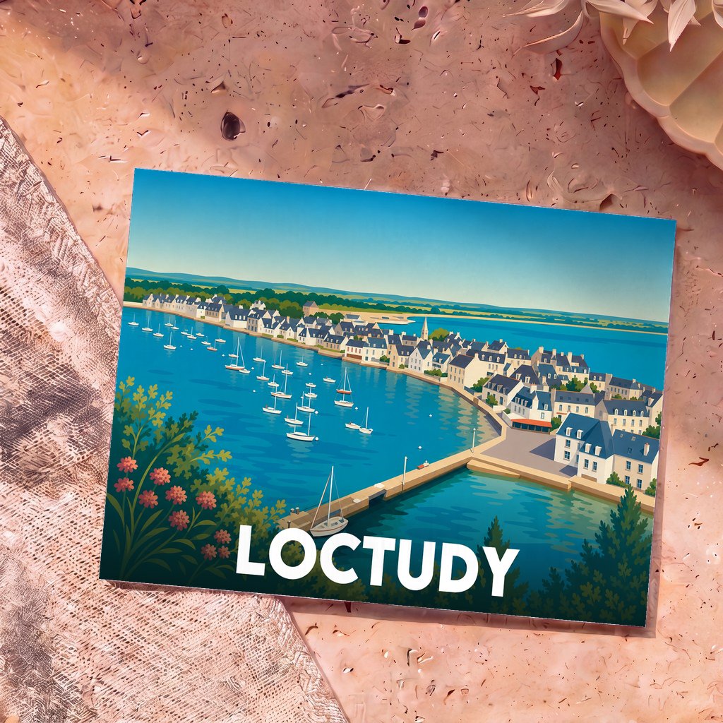 Carte postale souvenir de la ville de Loctudy illustrant son port et ses maisons blanches de manière stylisée.