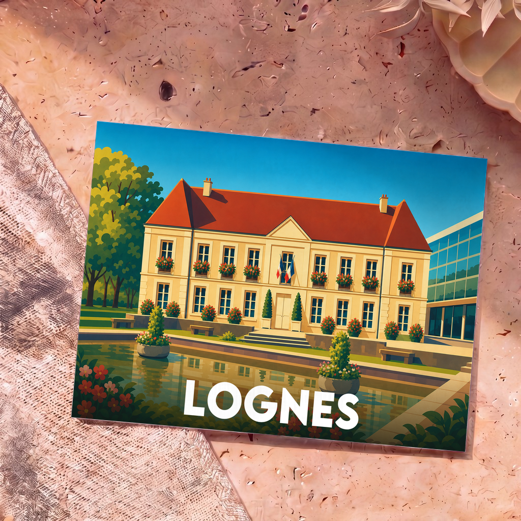 Carte postale souvenir de la ville de Lognes illustrant son hôtel de ville dans un style graphique et coloré.
