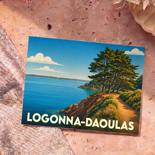 Carte postale souvenir de Logonna-Daoulas illustrant un sentier côtier boisé surplombant la mer dans un style graphique épuré.