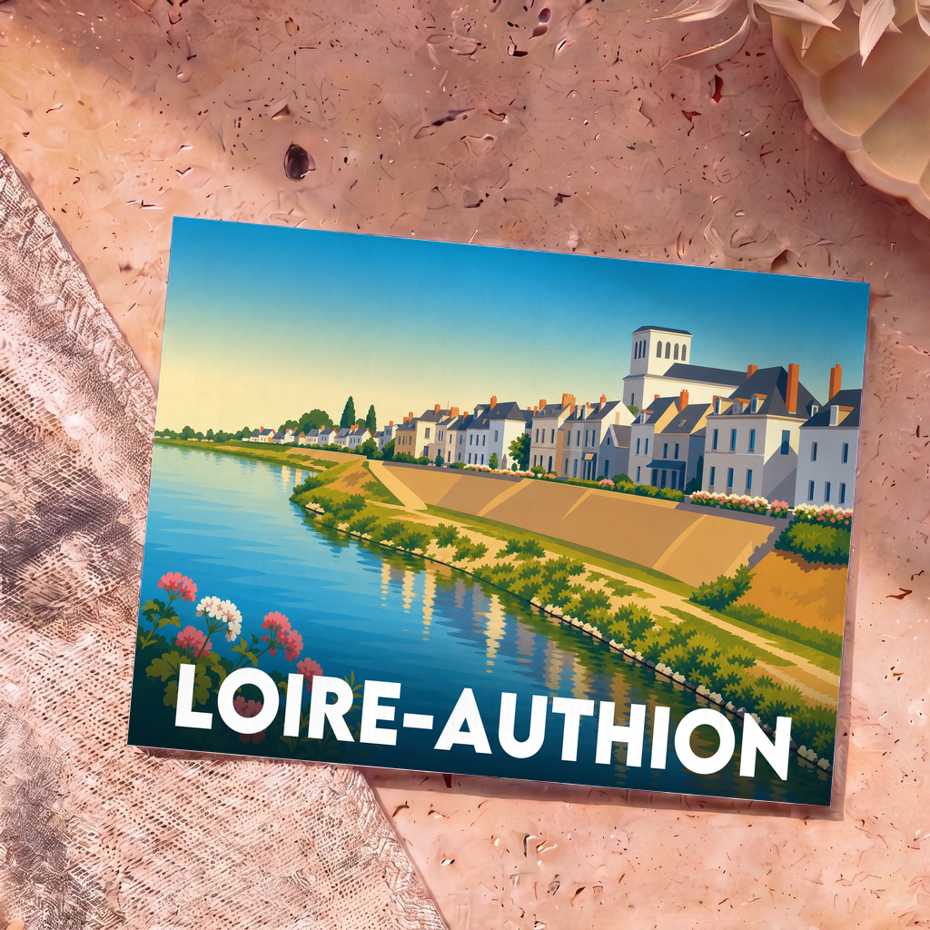 Carte postale souvenir de la ville de Loire-Authion avec une illustration stylisée d'un bord de rivière.