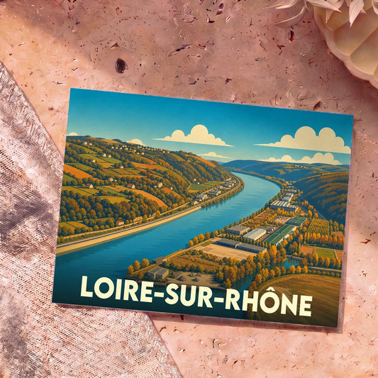 Carte postale souvenir de la ville de Loire-sur-Rhône avec une illustration stylisée de la vallée du Rhône.