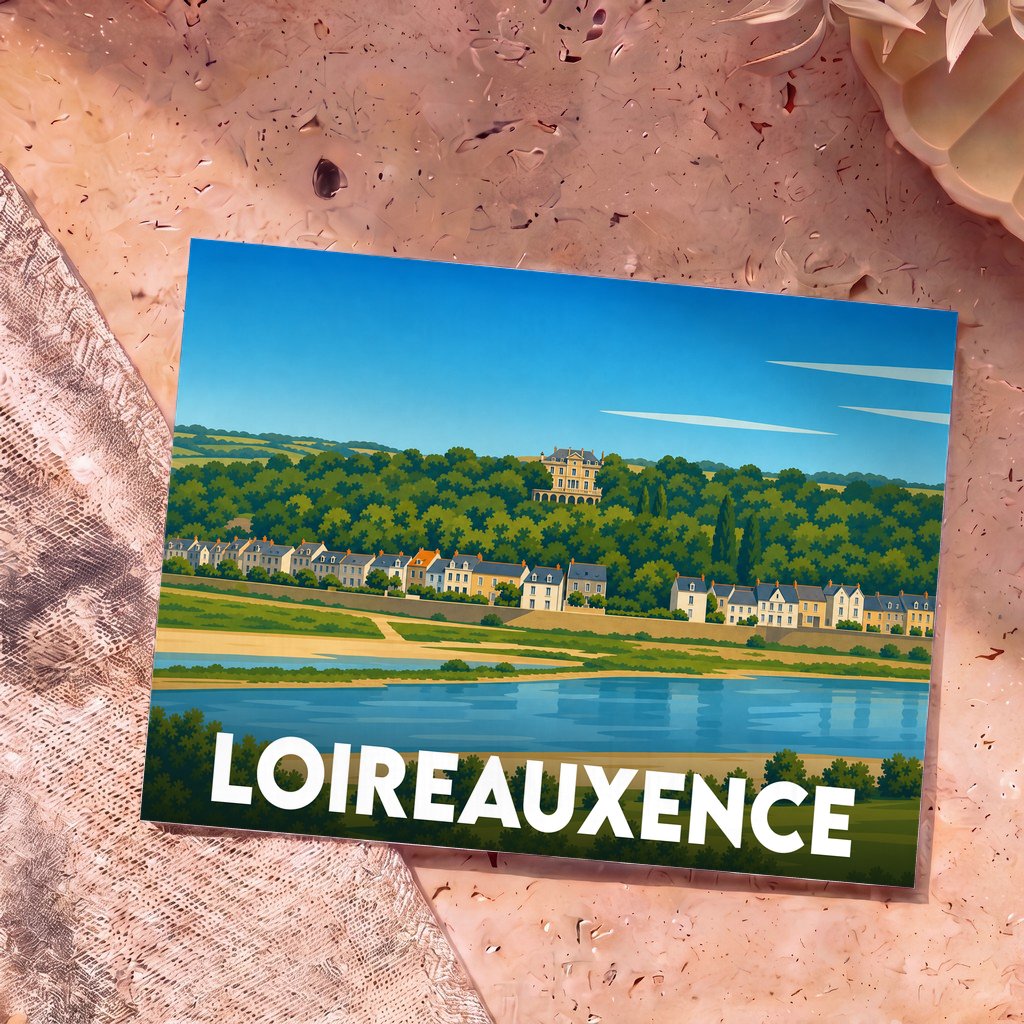 Carte postale souvenir de la ville de Loireauxence avec une illustration stylisée d'un paysage de bord de Loire.