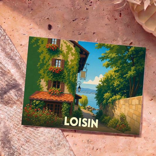 Carte postale souvenir de la ville de Loisin avec une illustration stylisée d'une maison fleurie au bord de l'eau.