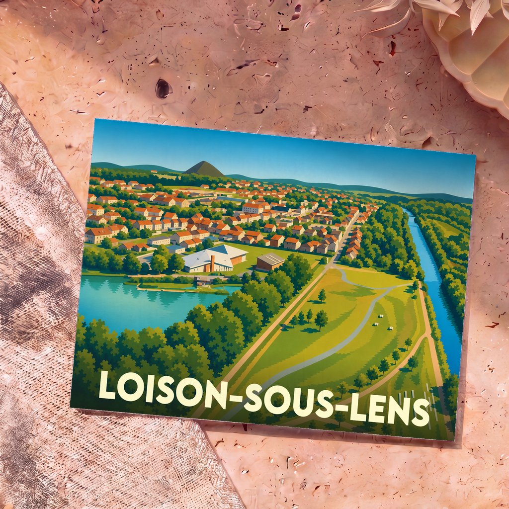 Carte postale souvenir de la ville de Loison-sous-Lens avec une illustration stylisée vue du ciel.