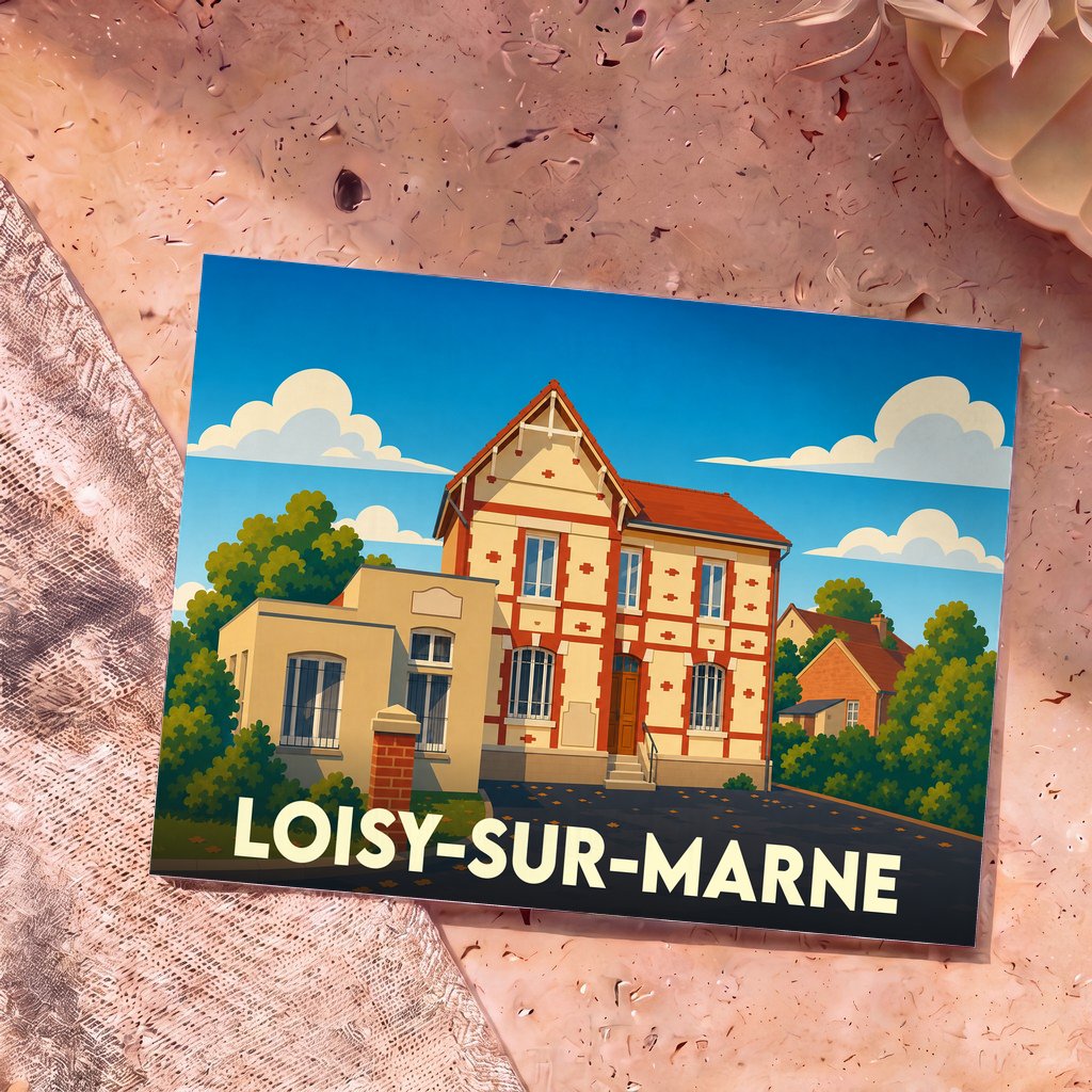 Carte postale souvenir de Loisy-sur-Marne avec une illustration stylisée d'une maison traditionnelle sous un ciel bleu.