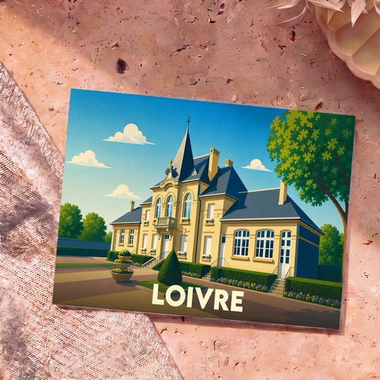 Carte postale souvenir de la ville de Loivre avec une illustration stylisée de son hôtel de ville.