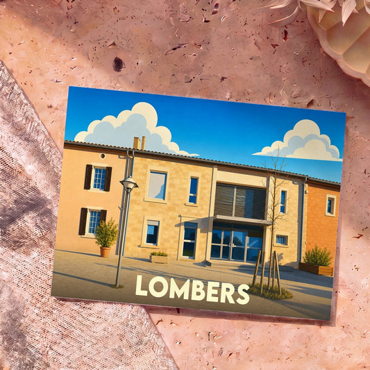 Carte postale souvenir de la ville de Lombers avec une illustration stylisée de sa mairie.