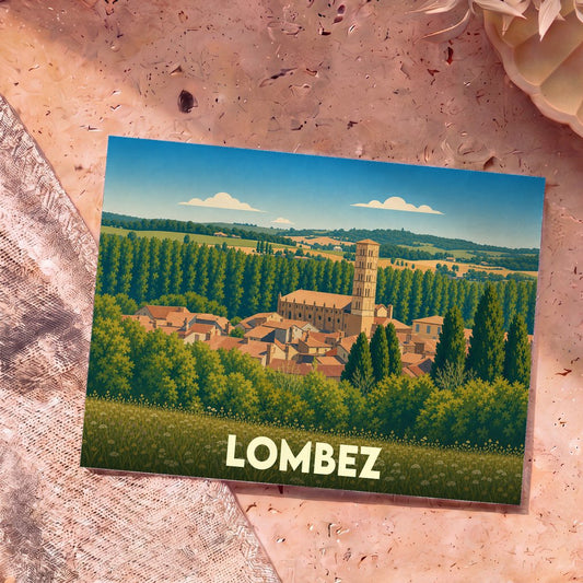 Carte postale souvenir de la ville de Lombez avec une illustration stylisée de son paysage et de sa cathédrale.