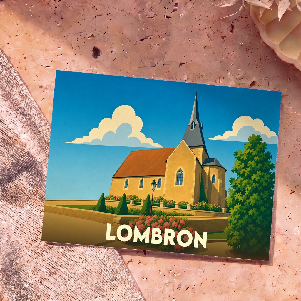 Carte postale souvenir de la ville de Lombron avec une illustration stylisée de son église sous un ciel bleu.