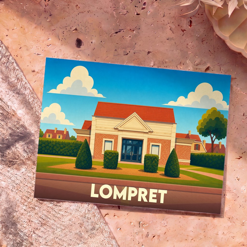 Carte postale souvenir de la ville de Lompret avec une illustration stylisée de sa mairie.