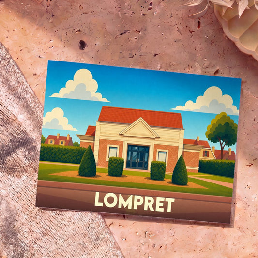 Carte postale souvenir de la ville de Lompret avec une illustration stylisée de sa mairie.