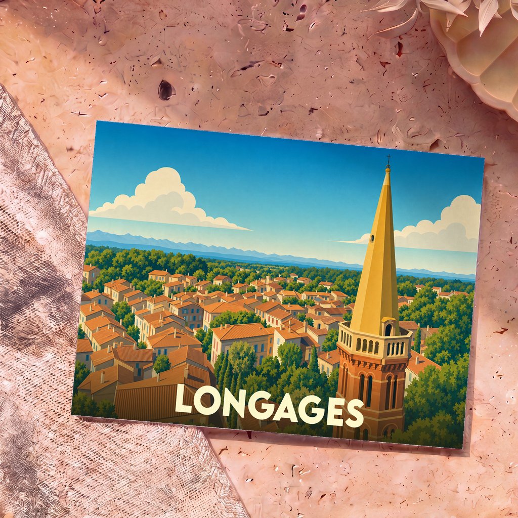 Carte postale souvenir de la ville de Longages illustrant son clocher et ses toits dans un style graphique épuré.