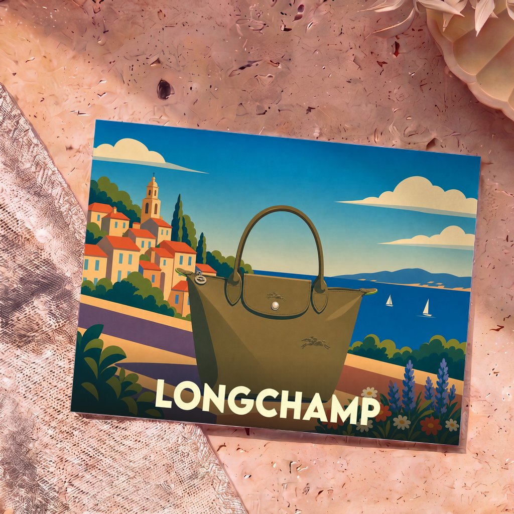 Carte postale souvenir de la ville de Longchamp arborant une illustration stylisée d'un sac à main devant un paysage côtier.