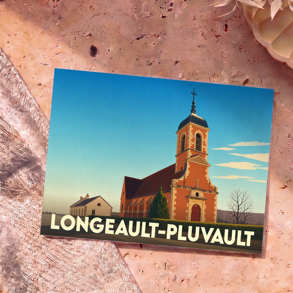 Carte postale souvenir de la ville de Longeault-Pluvault avec une illustration stylisée de son église.