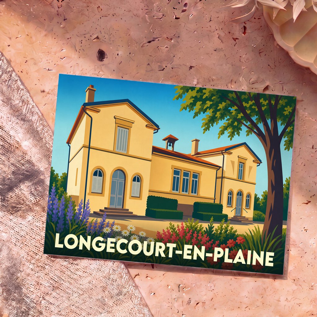 Carte postale souvenir de la ville de Longecourt-en-Plaine avec une illustration stylisée.