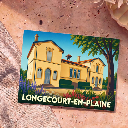 Carte postale souvenir de la ville de Longecourt-en-Plaine avec une illustration stylisée.