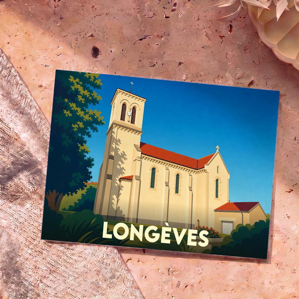 Carte postale souvenir de la ville de Longèves avec une illustration stylisée de son église sous un ciel bleu.