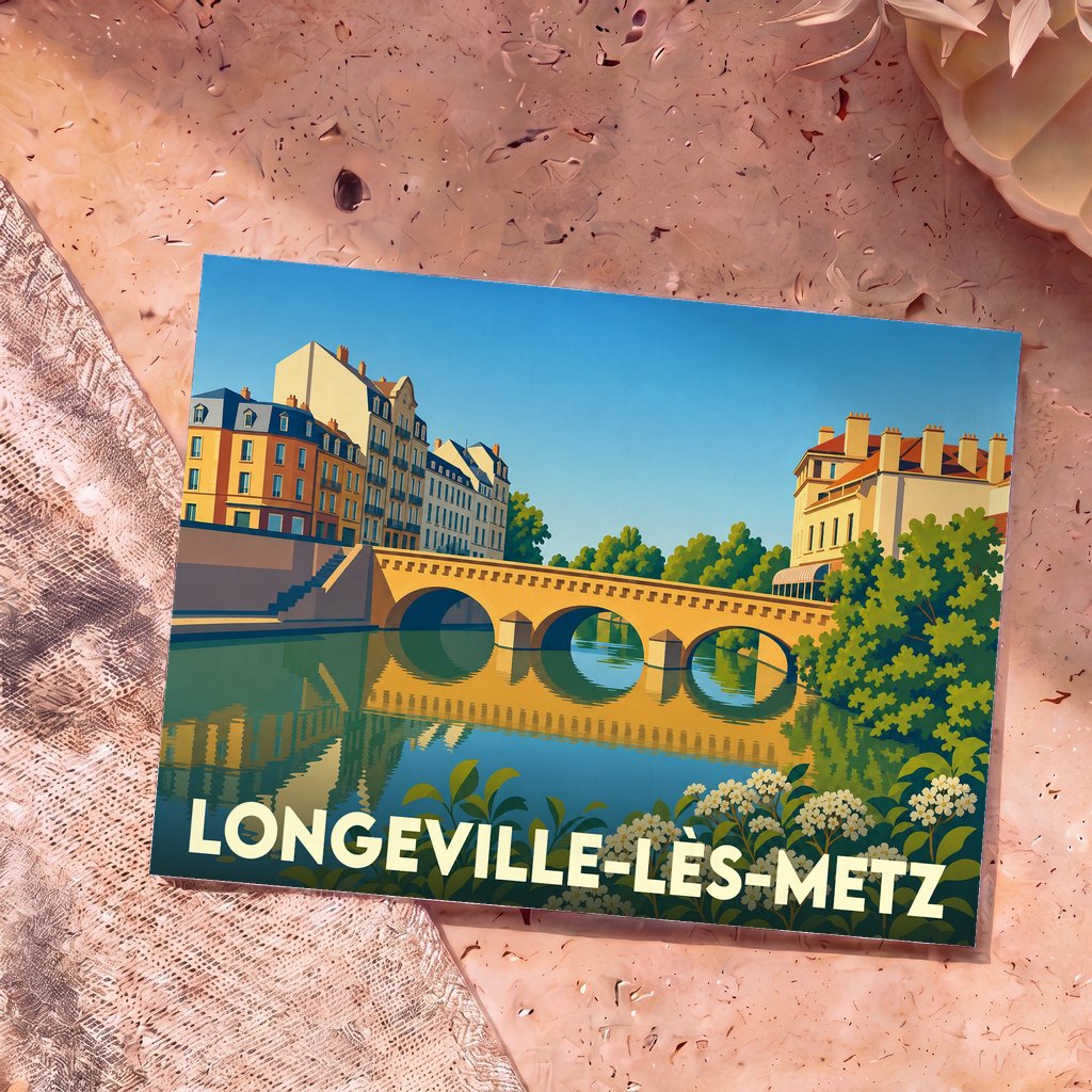 Carte postale souvenir de la ville de Longeville-lès-Metz avec une illustration stylisée de ses quais et d'un pont de pierre.