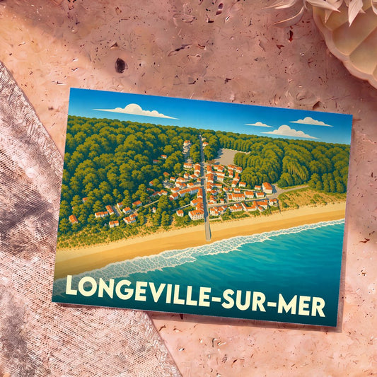 Carte postale souvenir de la ville de Longeville-sur-Mer illustrant un village côtier entre forêt et océan.