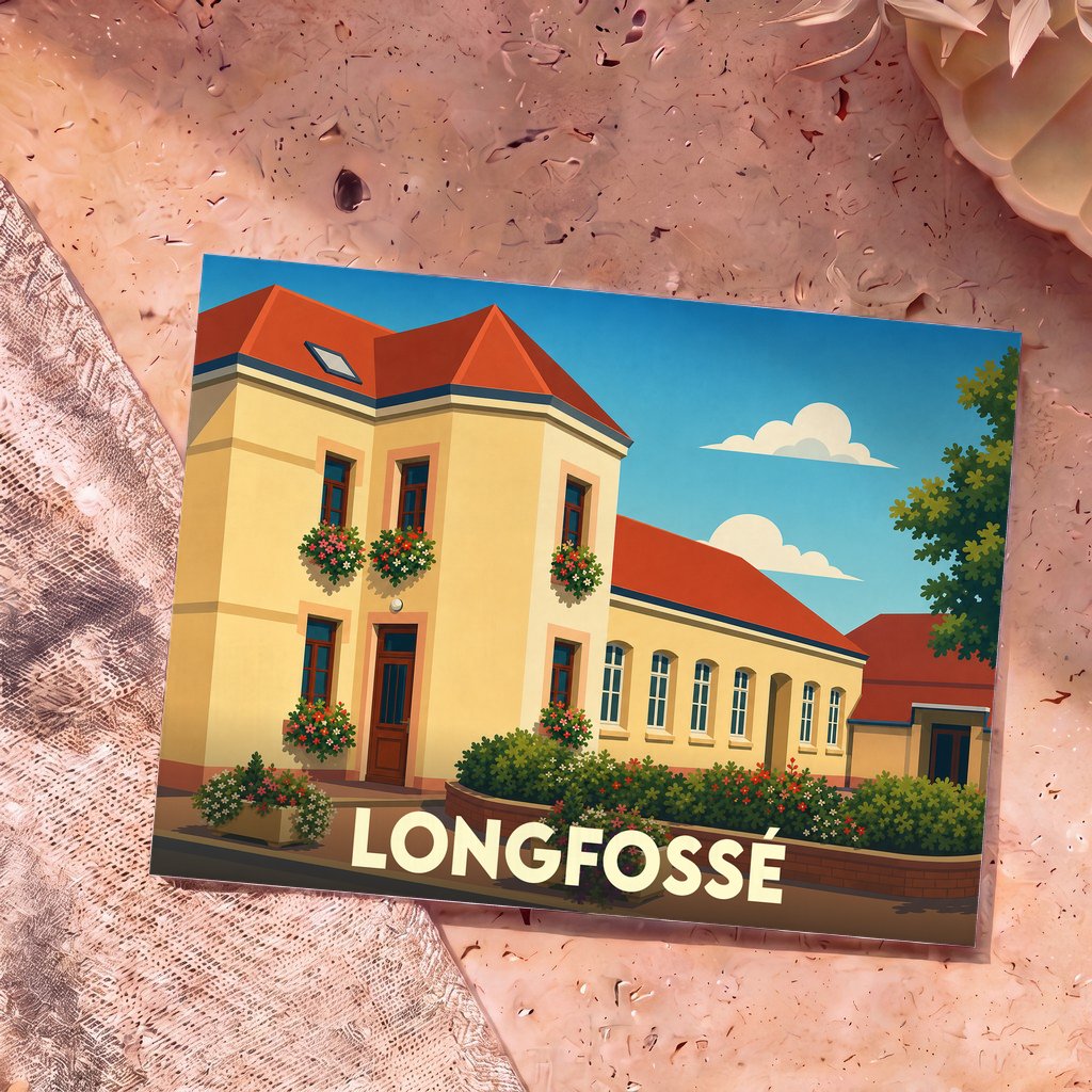 Carte postale souvenir de la ville de Longfossé avec une illustration stylisée d'un bâtiment fleuri sous un ciel bleu.